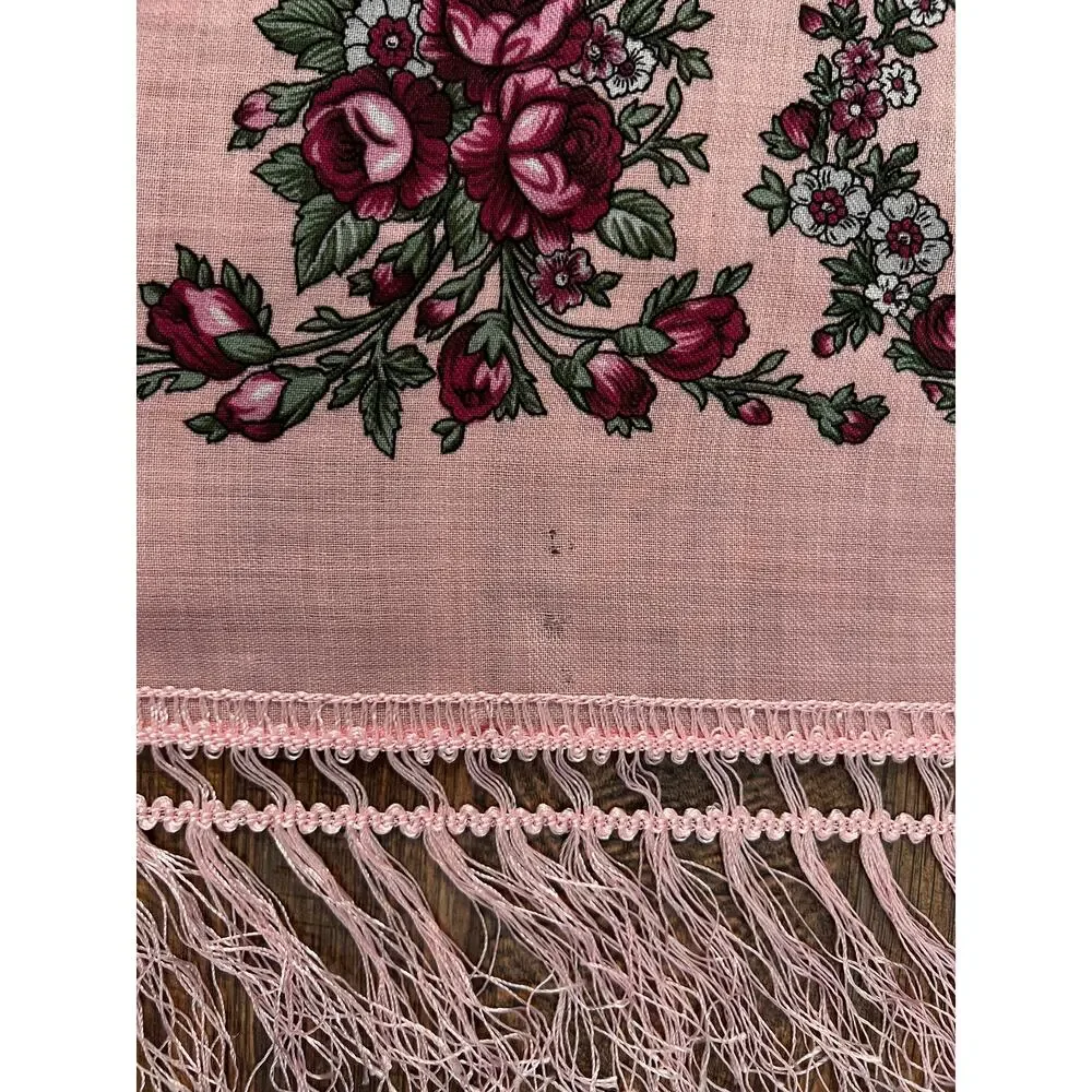 Vintage Kashmir Woole Floral Fringe Scarf - Pink Rose Square Wrap Bohemian Style